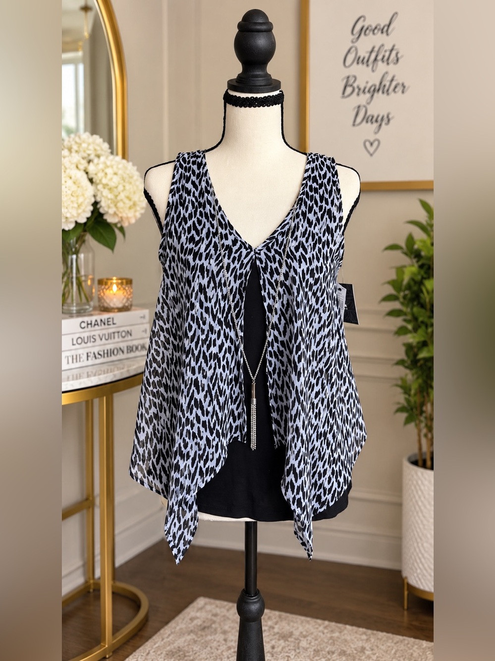Iz Byer Black and white Leopard-Print Layered V-Neck Camisole